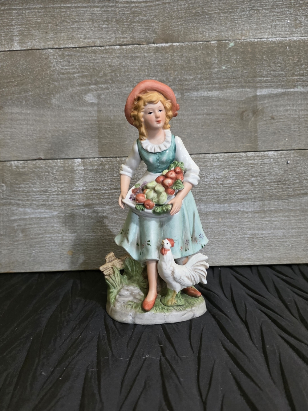 Homco Figurine Country Girl in Mint Green Dress with Peach Hat. #8881